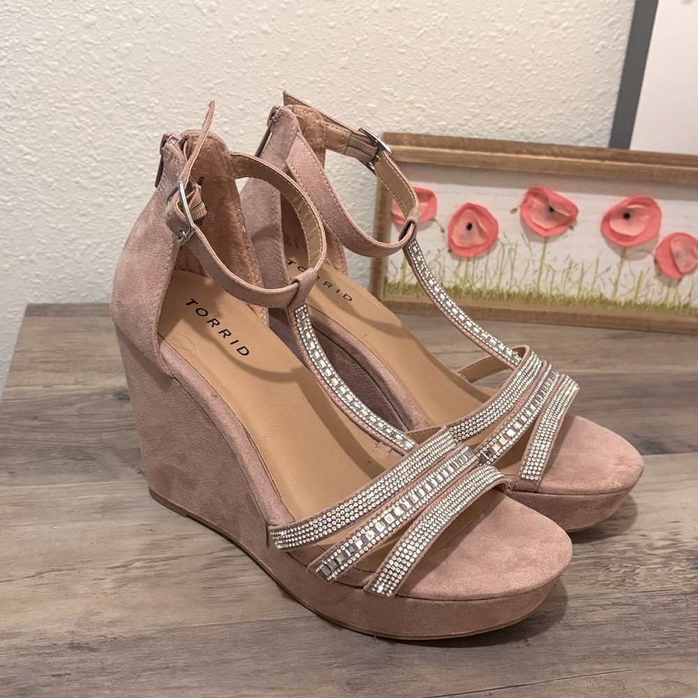 torrid Pink Blush Rhinestone T-Strap Wedge Sandals